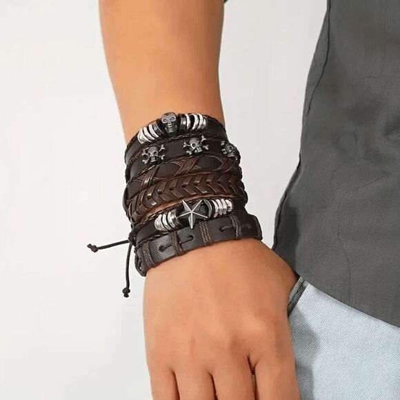 Punk Skull Star Leather Woven Bracelets - 6 Piece - Picture 2 of 6